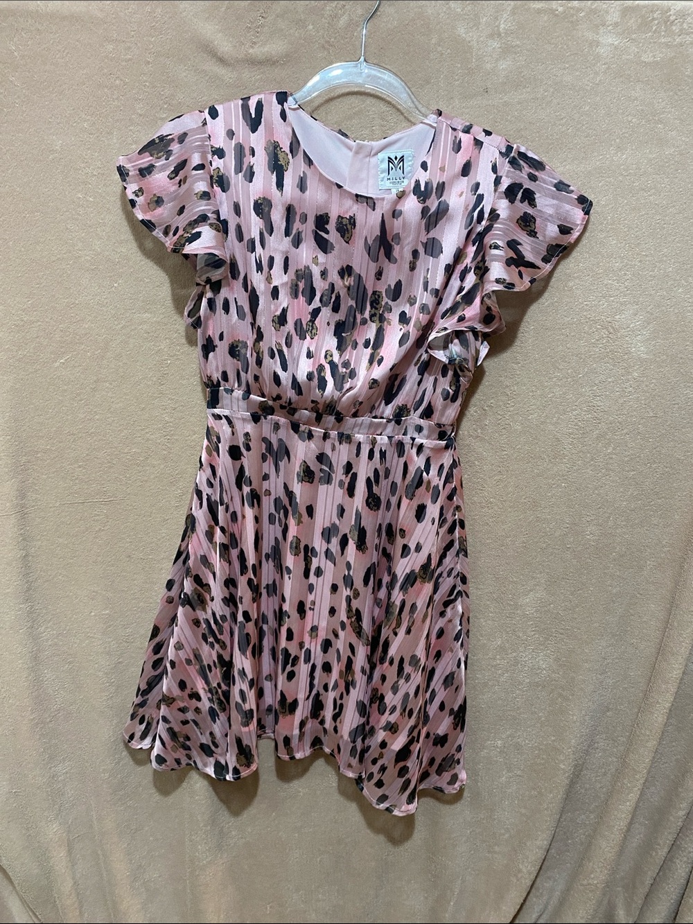 Milly Pink Leopard-Print Ruffle Sleeve Dress